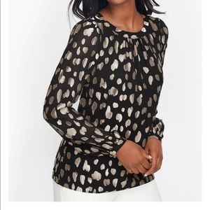 Talbots Clip Dot Tie Back Top Black Blouse with silver print fringe small